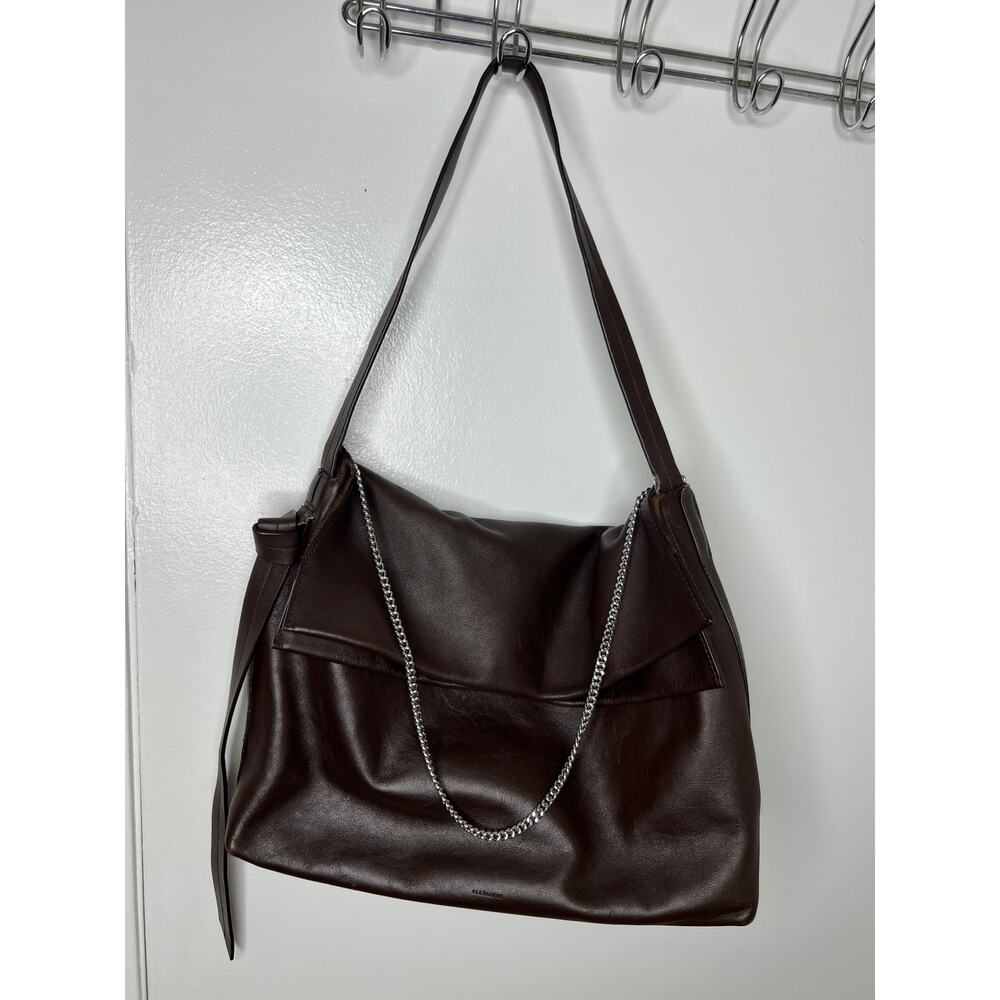 AllSaints Chocolate Brown Leather Shoulder Bag with Chain Detail